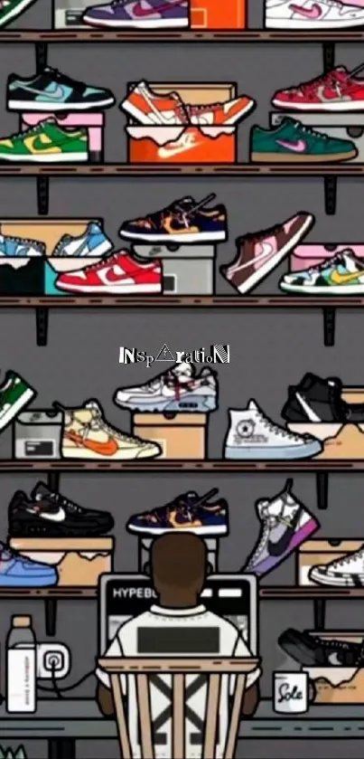 Cartoon sneaker collection on shelves with a person at a desk in gray background.