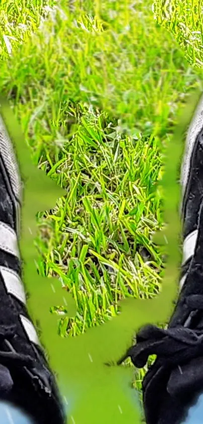 Black sneakers on lush green grass wallpaper.