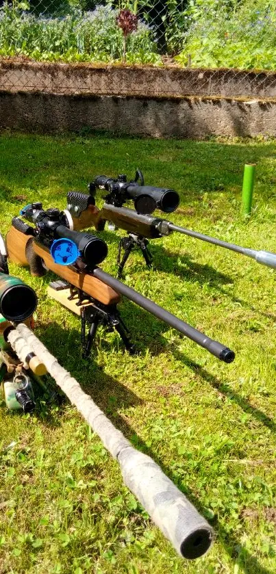 A lineup of sniper rifles on green grass, showcasing precision and power.