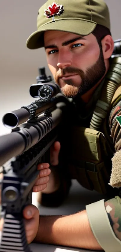 Sniper soldier in camouflage aiming with focus.