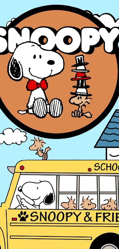 Snoopy and Friends on a school bus with a clear sky.