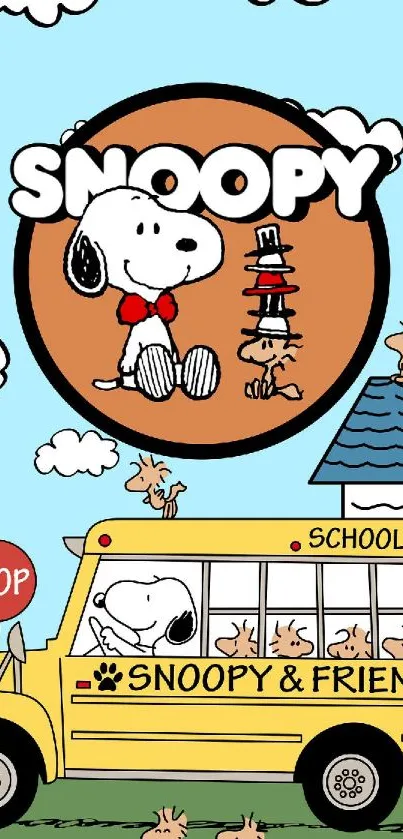 Snoopy and friends on school bus cartoon wallpaper.