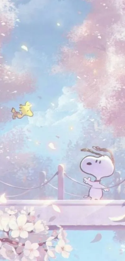 Snoopy and Woodstock on a pastel pink bridge with blossoms.