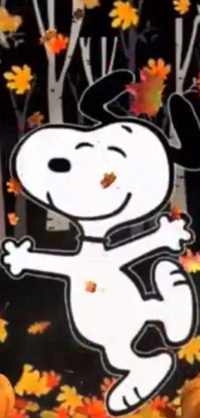 Snoopy joyfully dancing among autumn leaves in a colorful forest background.