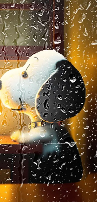 Snoopy cartoon dog looking through rainy window with golden glow.