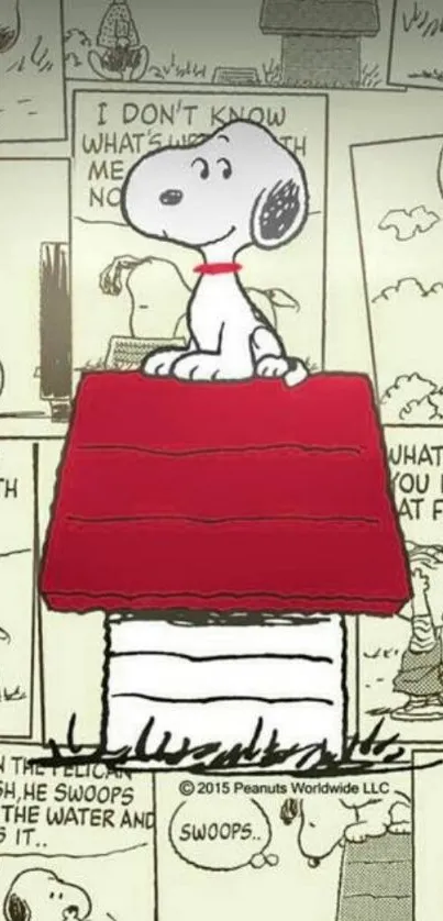 Snoopy sitting on red doghouse with comic strip background.