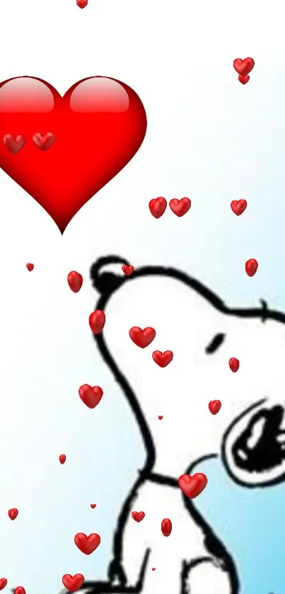 Snoopy with large red heart and scattered hearts.