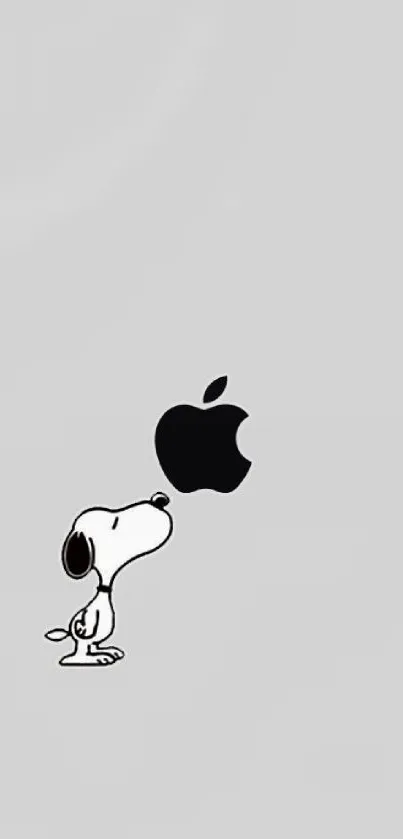 Minimalist Snoopy with Apple logo on gray background.