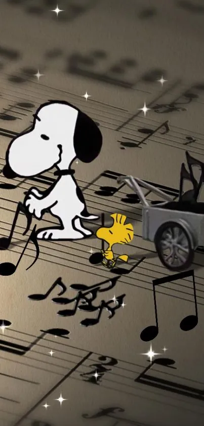 Snoopy and Woodstock with musical notes on a beige background.