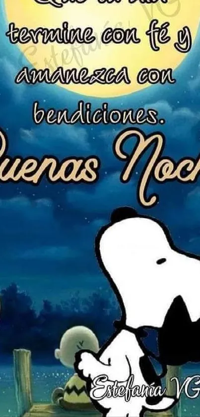Snoopy stands under a starry night with goodnight blessings.