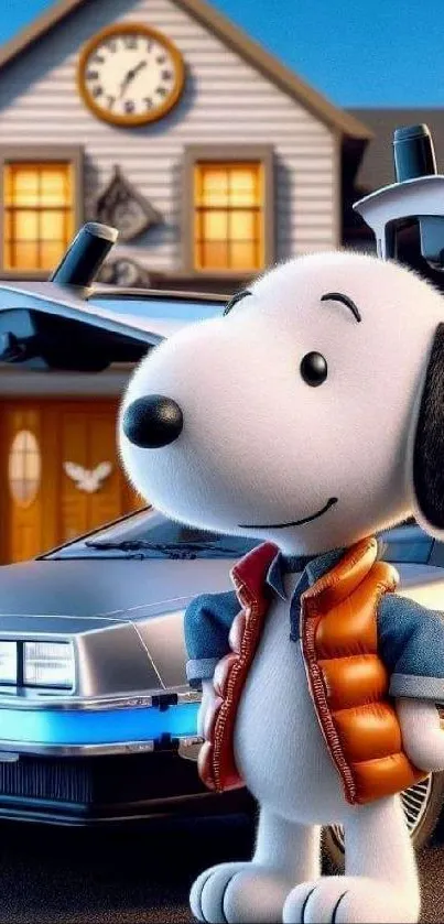 Snoopy with a retro car in vibrant blue background.