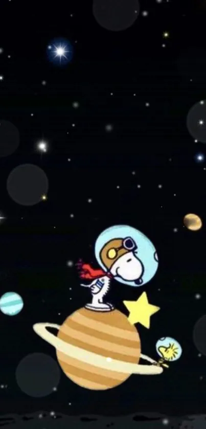 Snoopy as an astronaut on a planet with stars and space background.