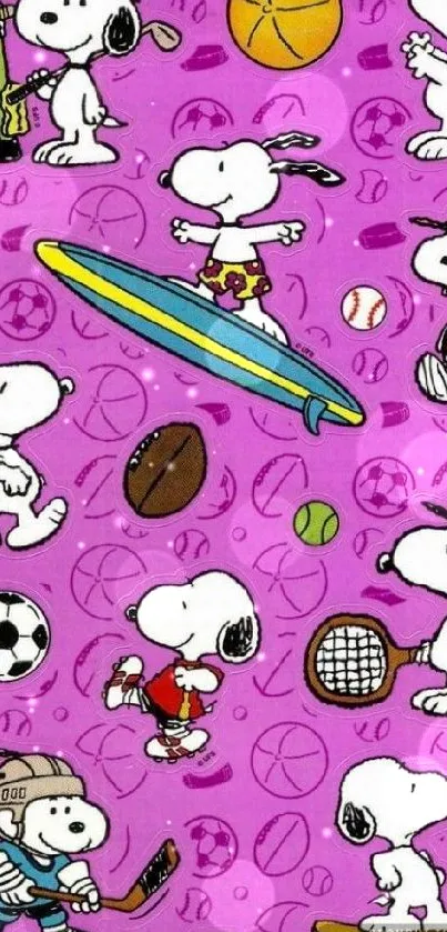 Snoopy enjoying various sports in a colorful design mobile wallpaper.