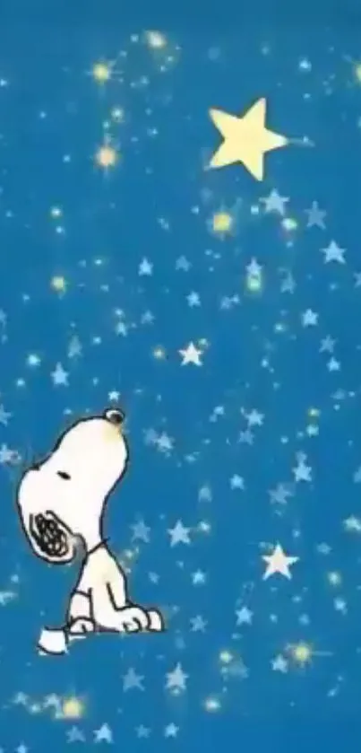 Snoopy stargazing in a night sky filled with stars on a blue background.