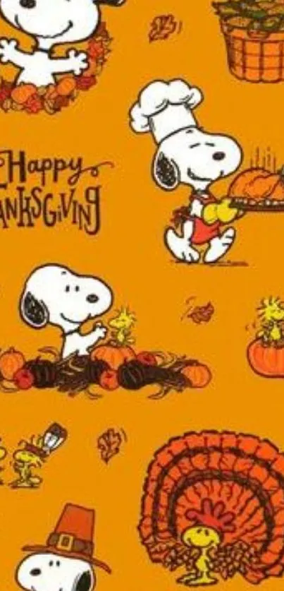 Festive Snoopy Thanksgiving wallpaper with fall colors and holiday elements.