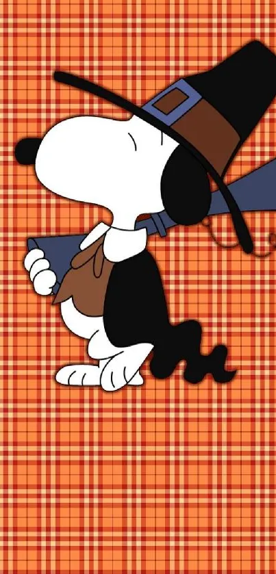 Snoopy dressed as a pilgrim with an orange plaid background mobile wallpaper.