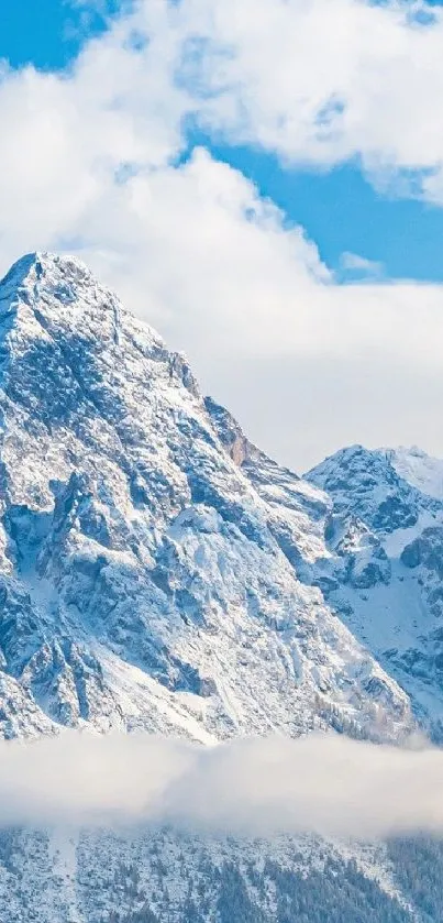 Mobile wallpaper featuring a snow-capped mountain against a vivid blue sky.