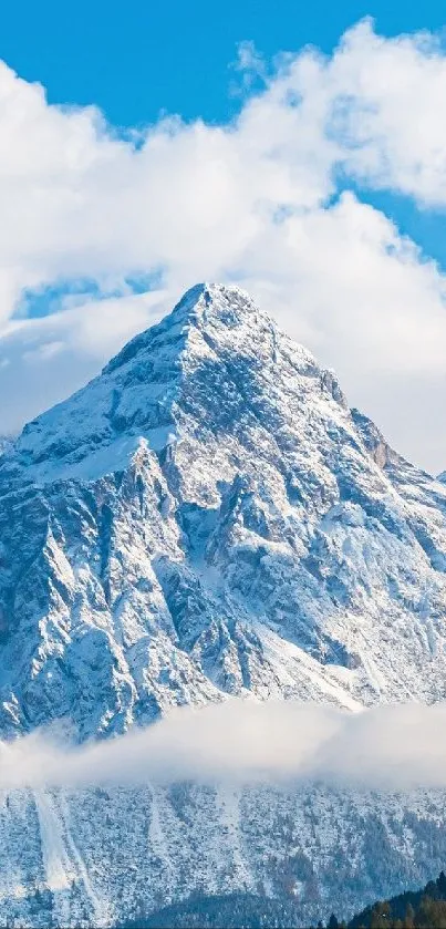 Majestic snow-capped mountain under a bright blue sky, ideal for mobile wallpaper.