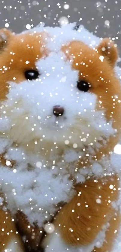 Fluffy animal in snow with falling snowflakes.
