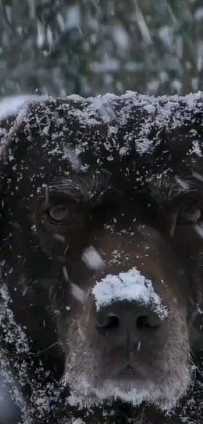 Dark brown dog covered in snow, creating a winter atmosphere.