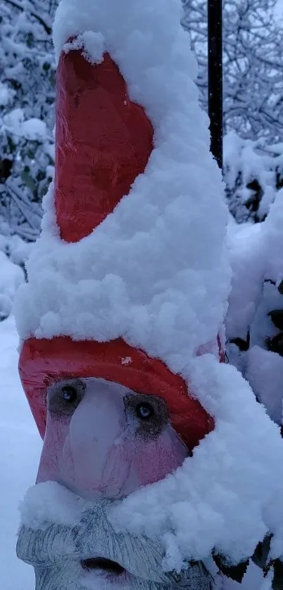 Whimsical gnome covered in fluffy snow in a winter landscape.