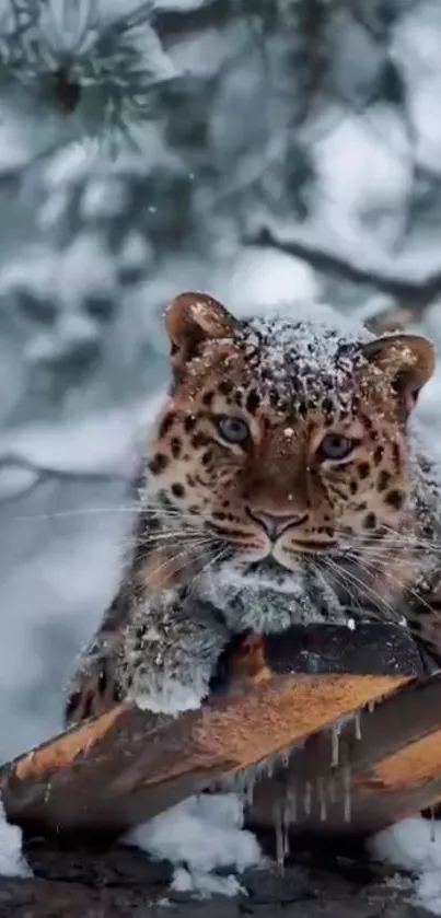 Snow-covered leopard resting on a log in a winter forest.