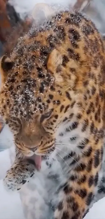 Leopard sitting in snowy landscape, licking its paw.