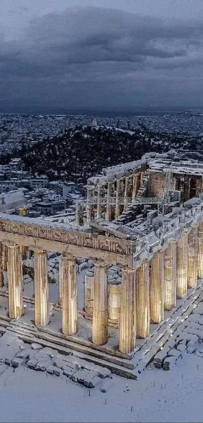 Snowy Parthenon with a gray cityscape backdrop.