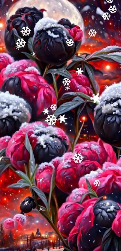 Vibrant snow-covered peonies under a full moon.