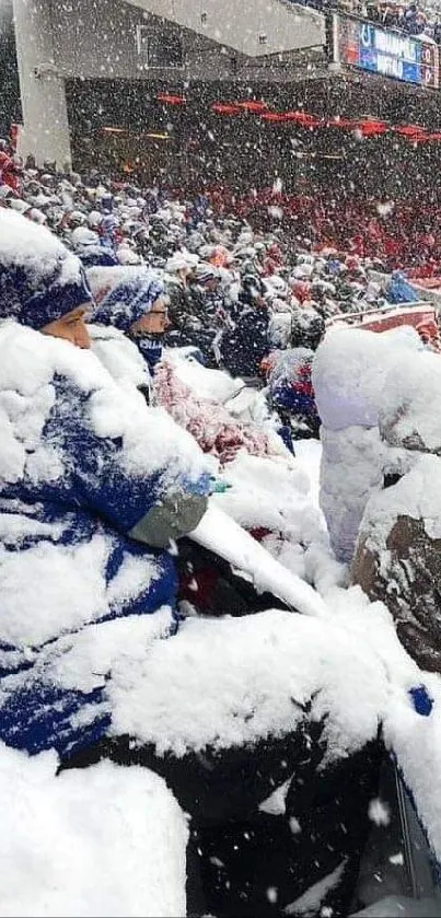 Snow-covered stadium seats and bundled fans.