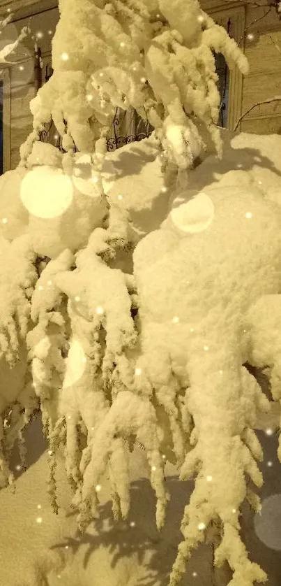 Snow-covered tree branches in a serene winter scene.