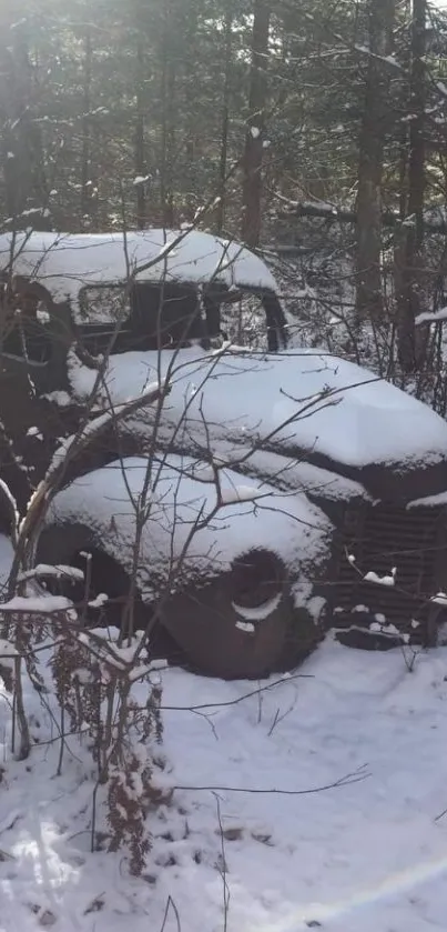 Vintage car blanketed in snow amid forest trees.