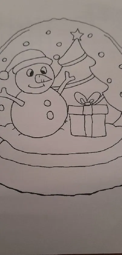 Black and white snow globe drawing with snowman and Christmas tree.