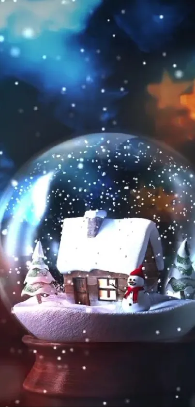 Snow globe scene with cabin and snowman in winter wonderland.