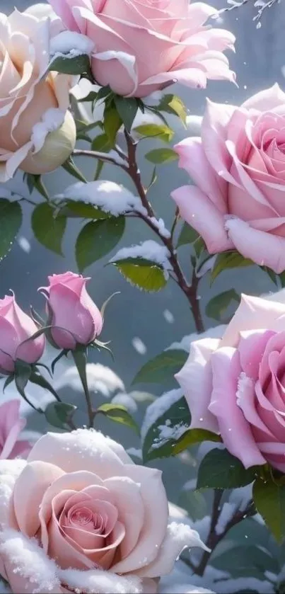 Mobile wallpaper with snow-covered pink roses.