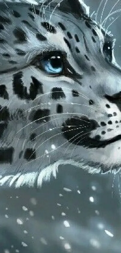 Artistic snow leopard mobile wallpaper with detailed features and snowy background.