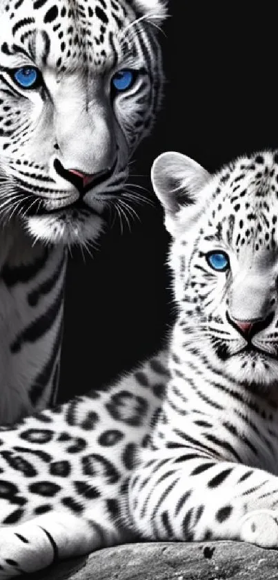 Snow leopards with blue eyes on a dark background, perfect phone wallpaper.