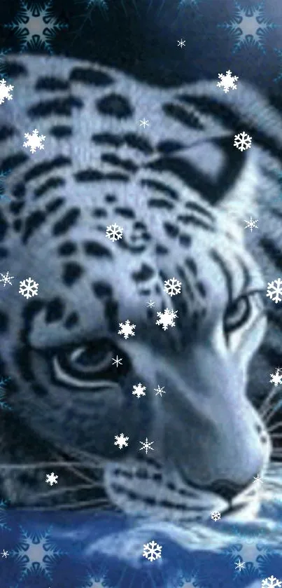 Snow leopard wallpaper with blue hues and snowflakes.