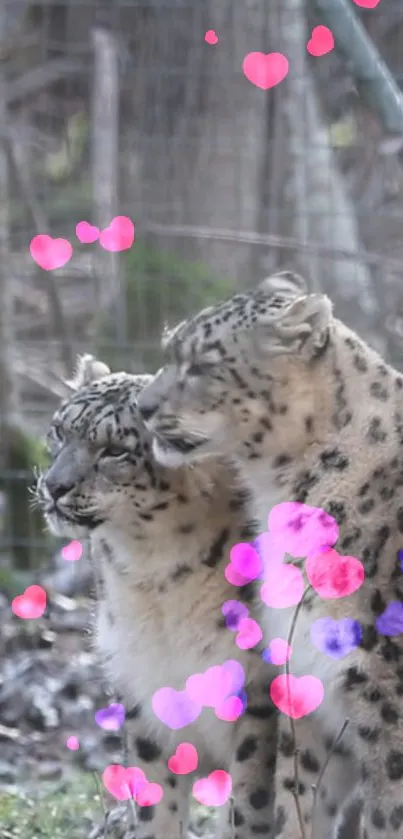 Two affectionate snow leopards with pink hearts overlay.