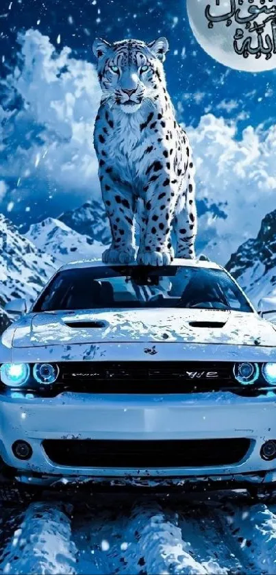 Snow leopard atop a car in snowy mountain scene.
