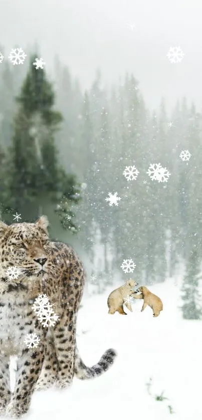 Snow leopard in a snowy forest with falling snowflakes.