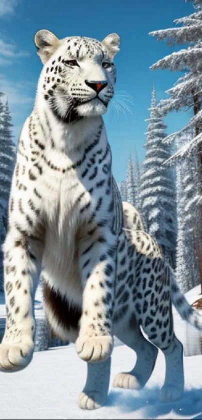 Majestic snow leopard in a snowy forest landscape.