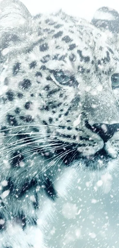 Snow leopard in a serene winter setting with falling snowflakes.