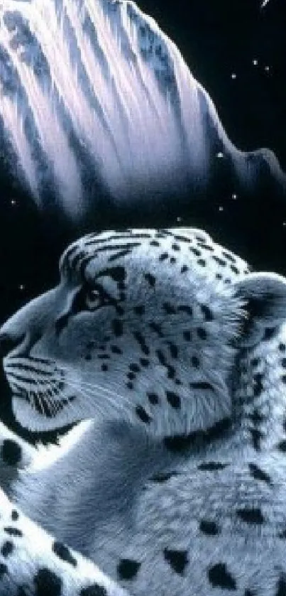 Snow leopard gazing at snowy mountain under starry sky.