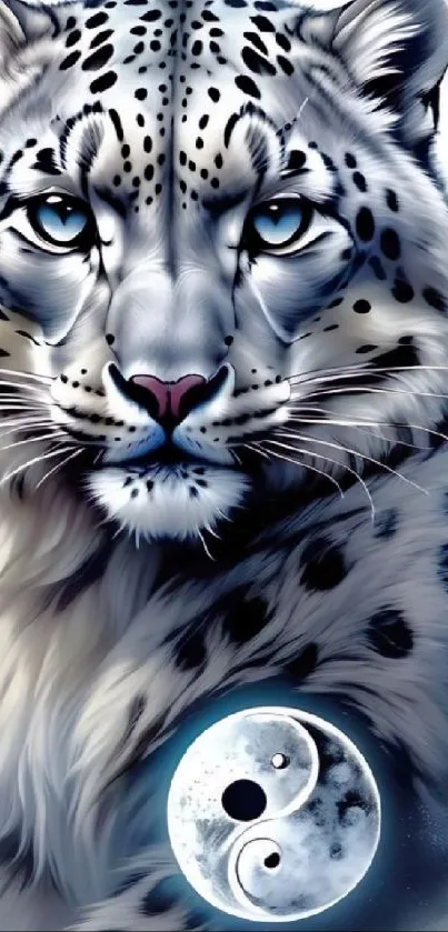 Mystical snow leopard with yin-yang symbol.