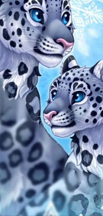 Artistic illustration of snow leopards on blue ice background.