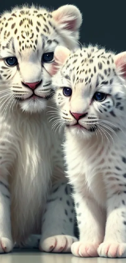 Snow leopards with elegant white fur on a mobile wallpaper.