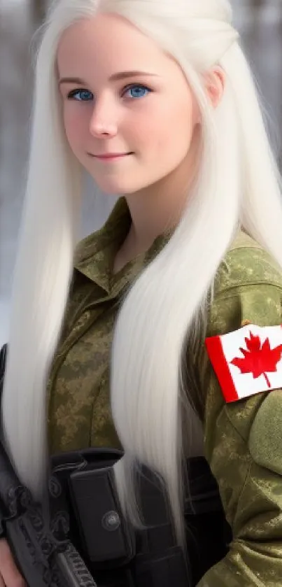 Woman in military uniform with white hair in snowy forest, holding a rifle.