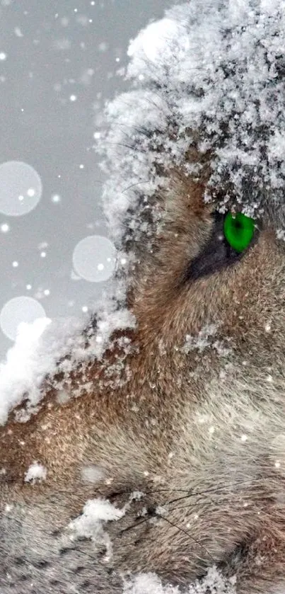 Green-eyed wolf in snow-covered landscape wallpaper.
