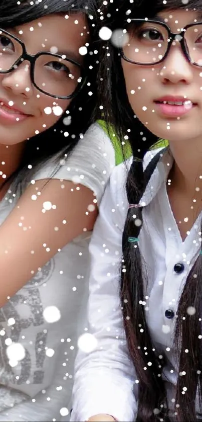 Two friends smiling with glasses in a snowy, playful mobile wallpaper design.